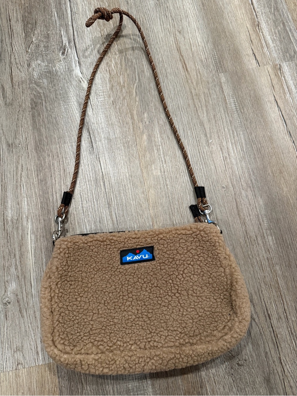 Kavu Tan Sherpa Fleece Crossbody Bag with Rope Strap